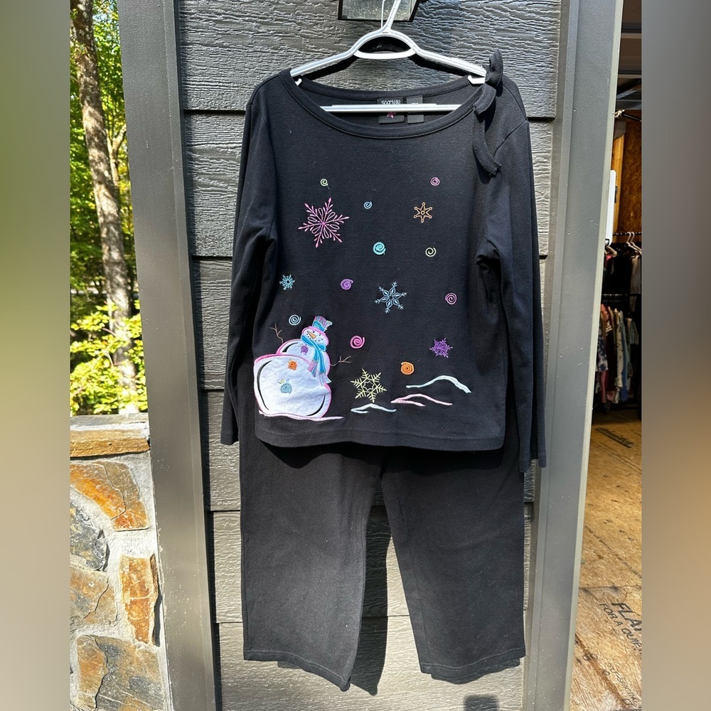 Sportelle Womens Black Snowman Snowflake Shirt and Pants Set Large